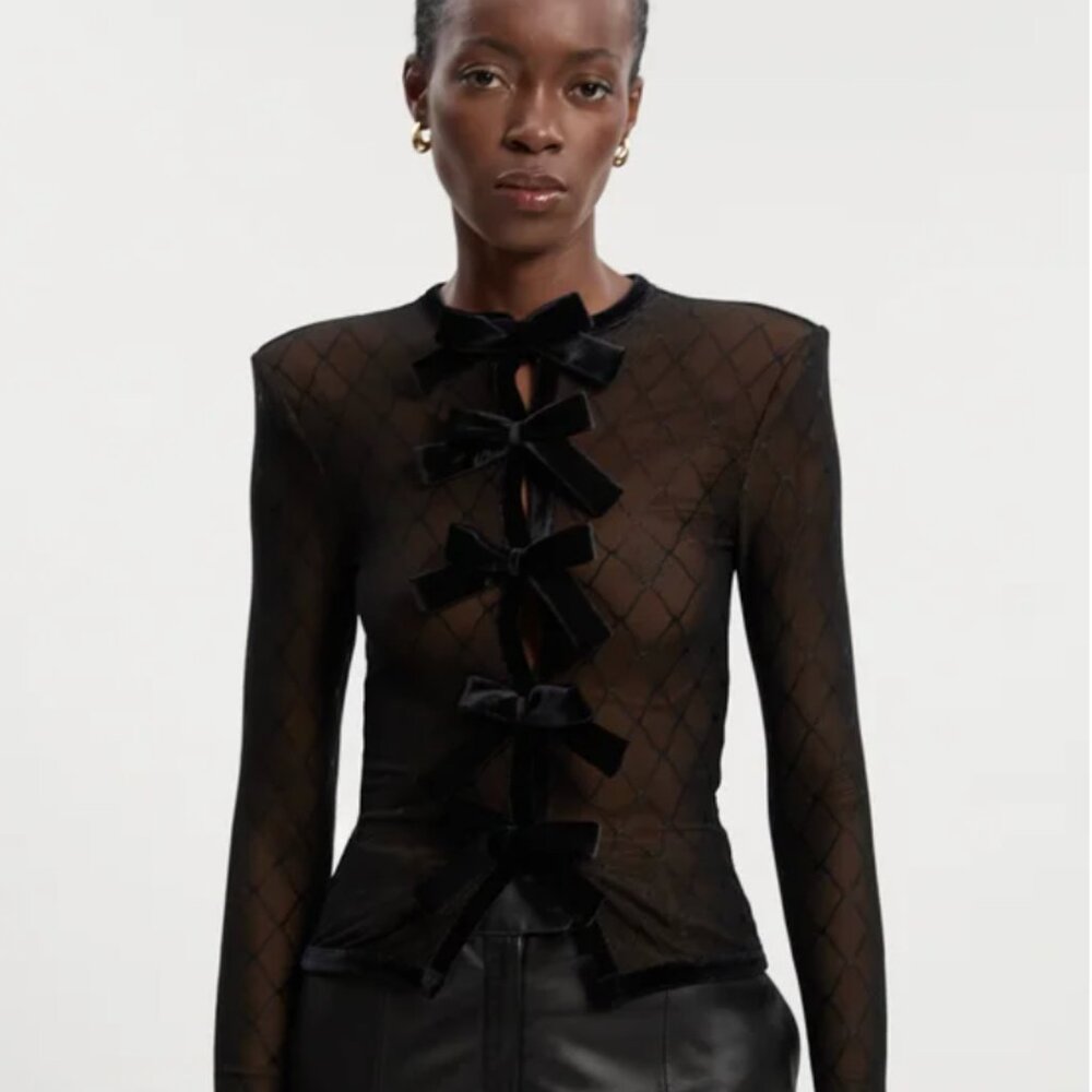 Mesh With Velvet Bow Trim Detail Crew Neck Long Sleeve Top size Small